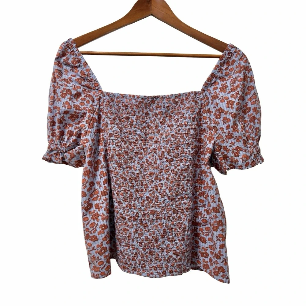 Madewell Womens Kallie Puff Sleeve Square Neck Smocked Top Size 14 Peasant Boho